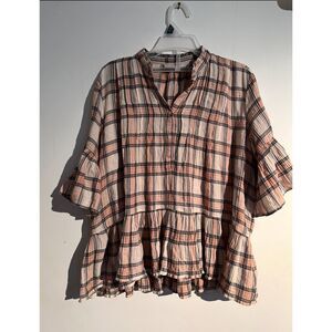Ann Loft XS Blouse Plaid Design Flared Sleeve Shirt